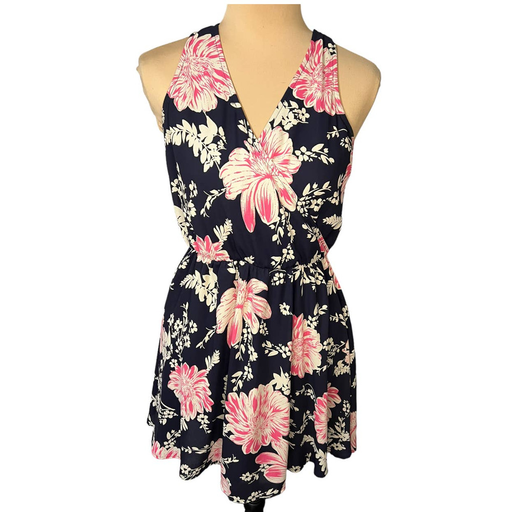 Lush Floral Skater Dress Womens Small Navy Pink Faux Wrap Fit & Flare Mini - Picture 2 of 6